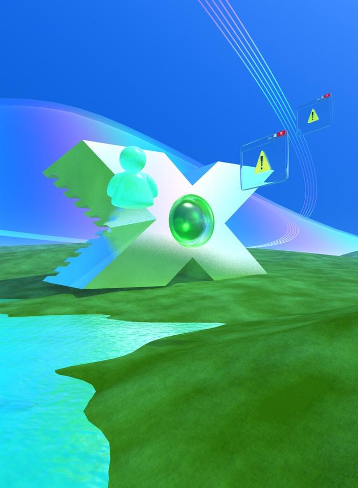Giant X monument on green terrain with warning dialogs