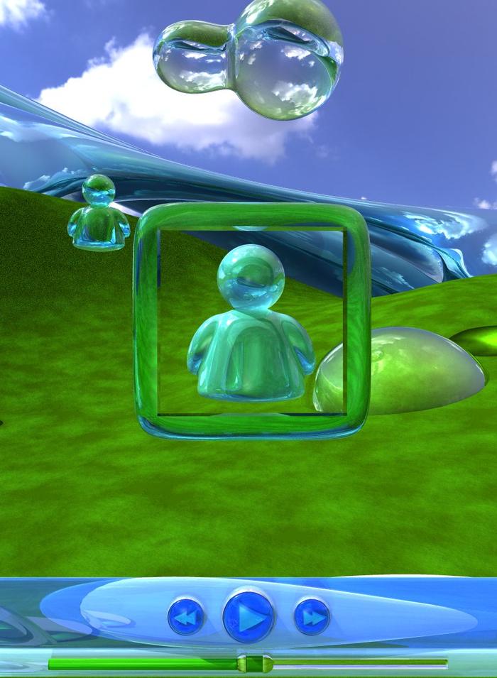 Glass messenger figure framed in green glass square