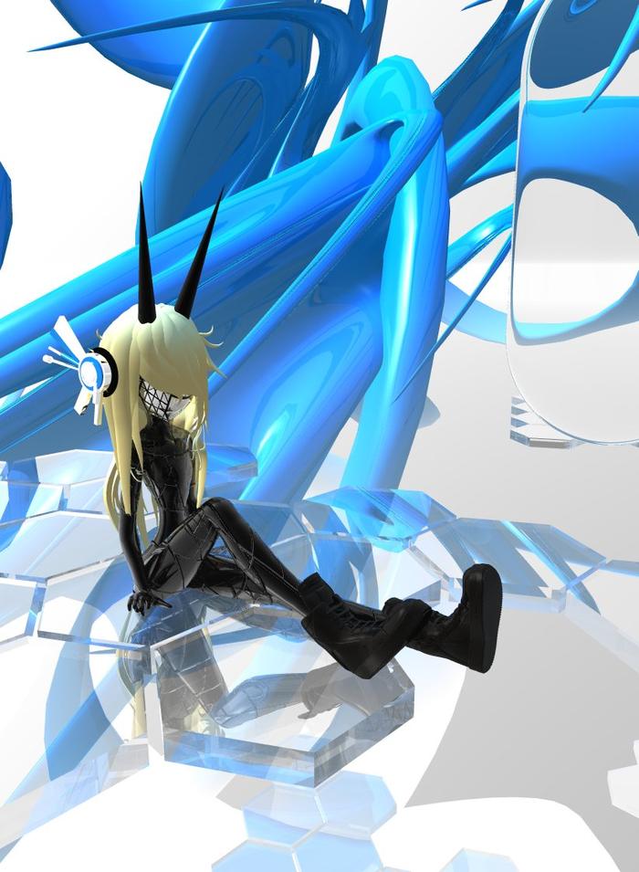 Horned figure seated on glass hex tiles with blue chrome
