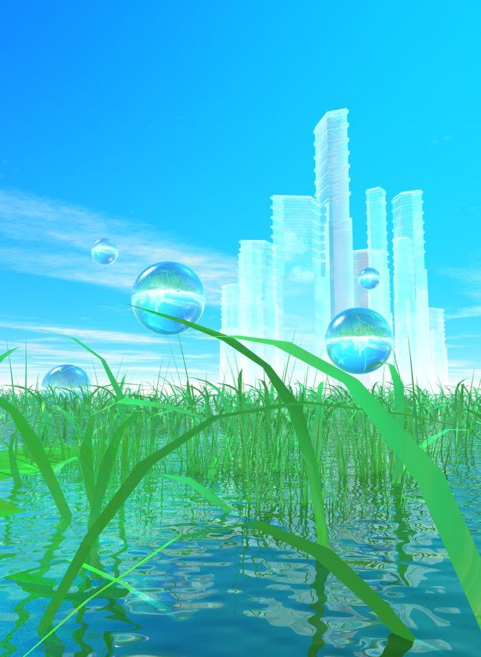 Translucent skyline behind reeds and floating spheres