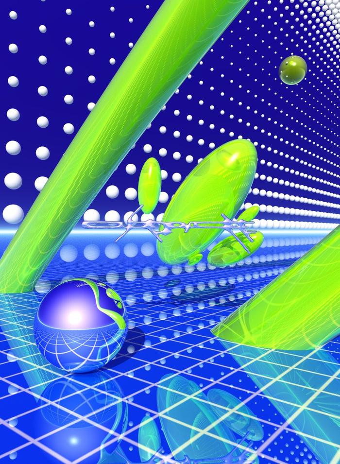 Acid green tubes and chrome sphere on a blue grid