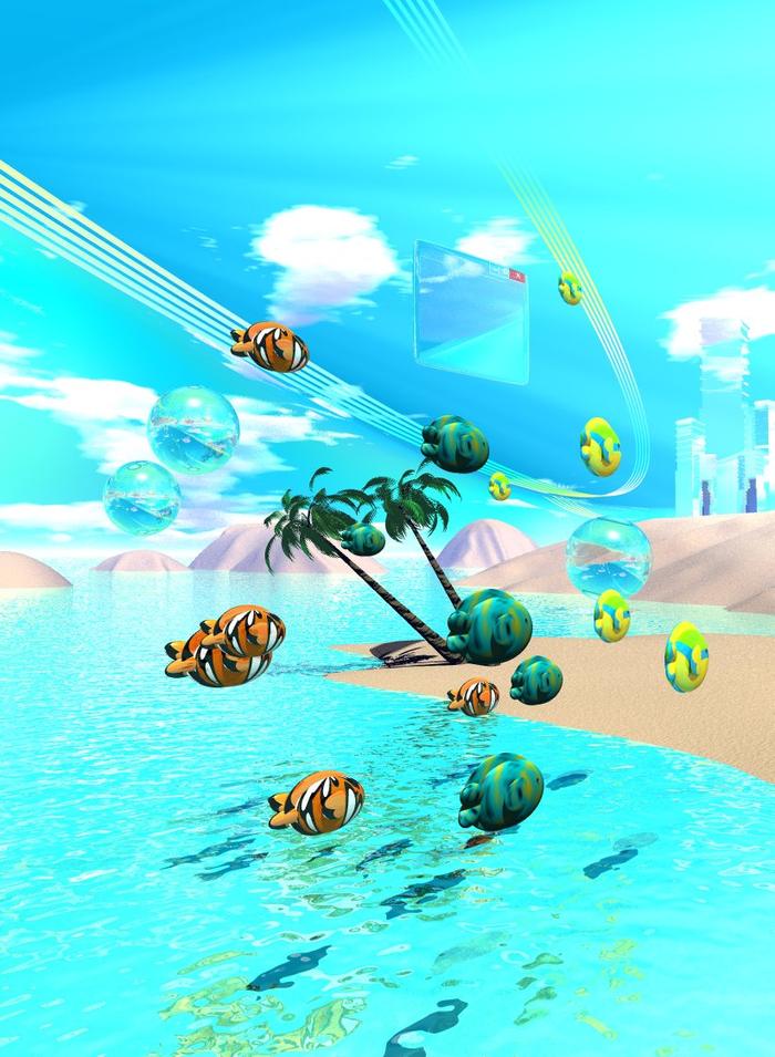 Tropical fish floating over turquoise lagoon with browser window
