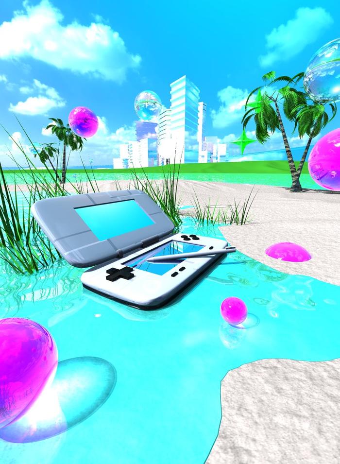Handheld console washed up in a pink-orb beach pool
